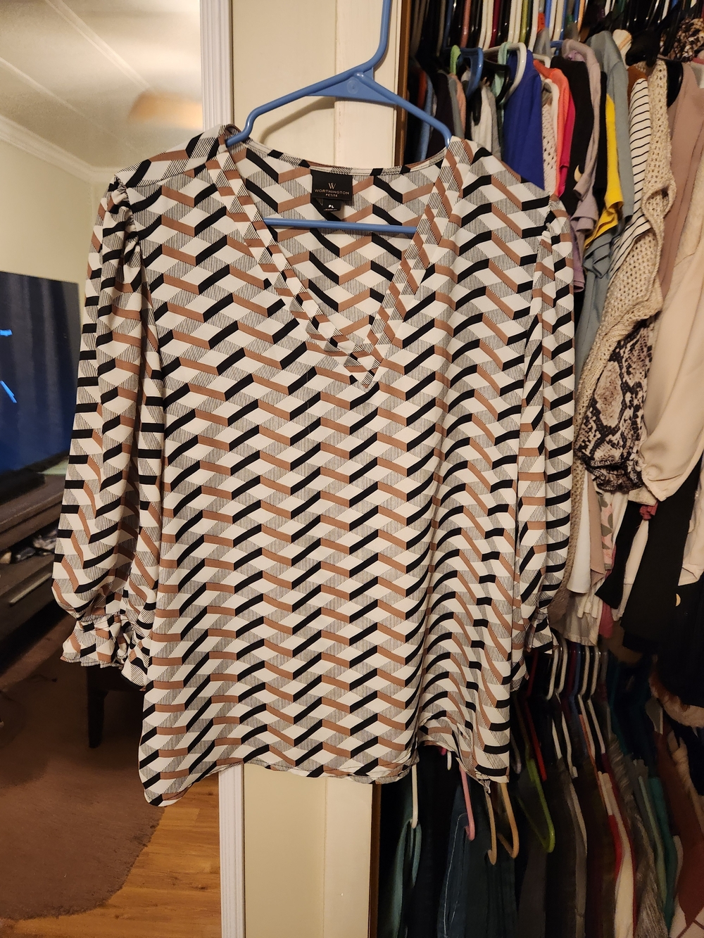 Worthington Geometric V-Neck Blouse in Black, White & Brown